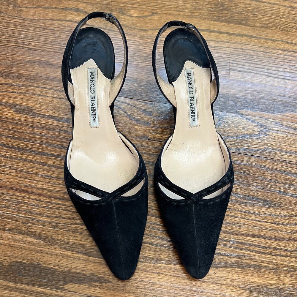 Manolo Blahnik Shoes Black Silk Slingback Pumps Womens Italy 37.5 / US 7